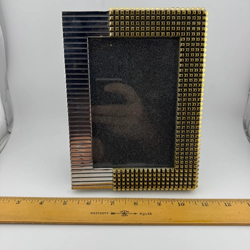 Philip Crangi Picture Frame 4x6 Silver Gold Excellent Studded Industrial Ribbed